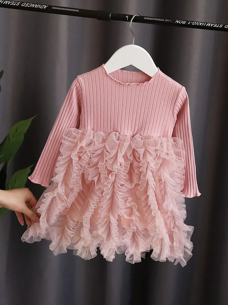 Baby Girl Pink Ribbed Long-Sleeve Bowknot Floral Embroidered Mesh Dress Perfect For Outings And Daily Wear