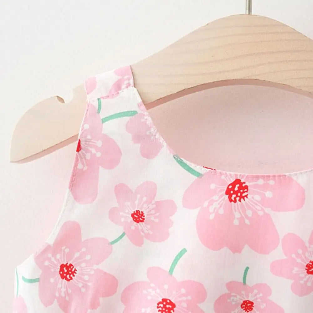 Elegant Bowknot Baby Girl Princess Dress Cotton Summer Floral Dress with Hat Sweet Sleeveless Flower Dress Beach Vacation