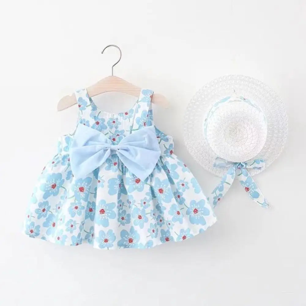 Elegant Bowknot Baby Girl Princess Dress Cotton Summer Floral Dress with Hat Sweet Sleeveless Flower Dress Beach Vacation