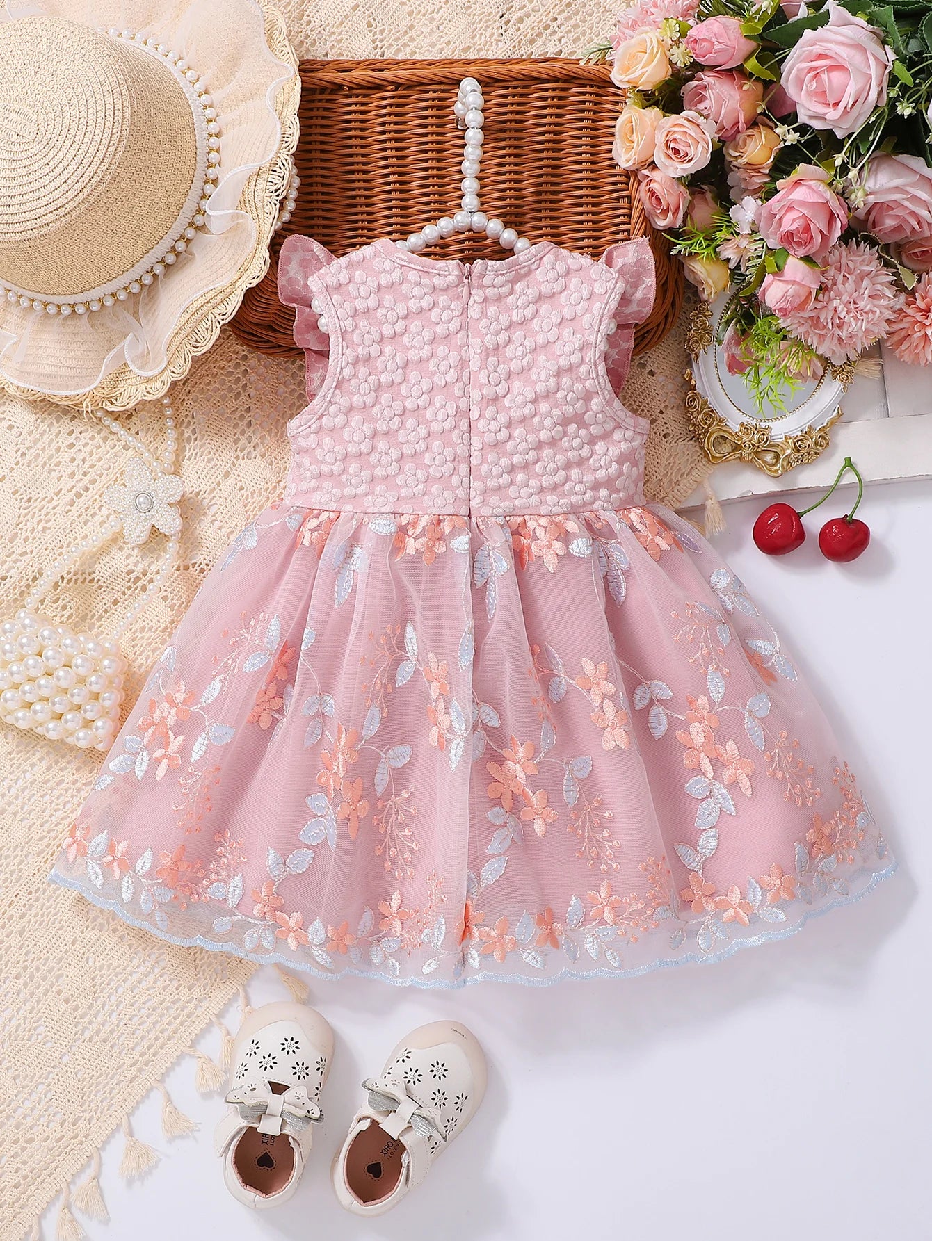 Baby Pink Lace Embroidery Princess Dress Girl's First Birthday Gown with Butterfly Knot Net Skirt Infant Special Occasion Outfit