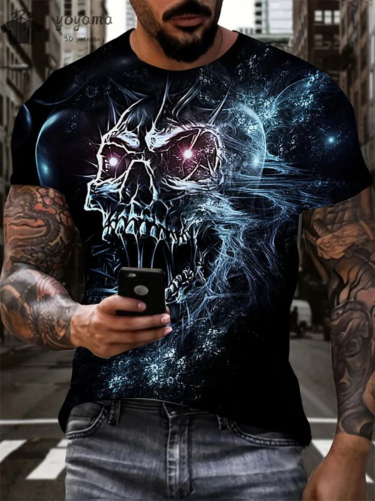 Men's Horror Skull Print T-Shirt 3D Print Vintage O-Neck Short Sleeve Fashion Oversized T-Shirts Men's Summer Street Clothing