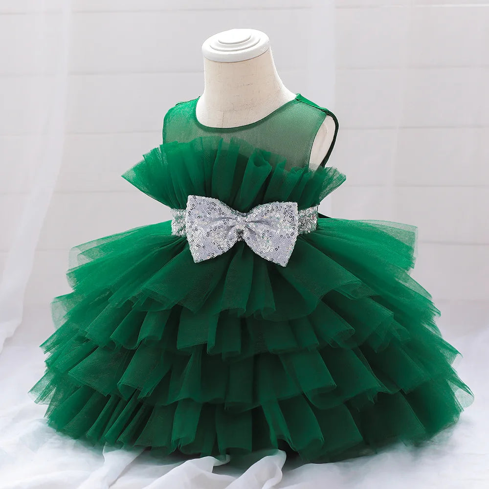 Kids Bow Baby Girls Dress Puffy Tulle Toddler White Baptism Party Dresses For Girl Elegant Kids Birthday Princess Ball Gown