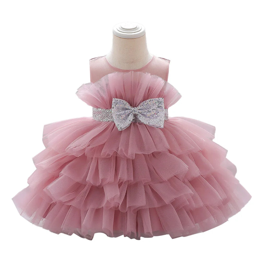 Kids Bow Baby Girls Dress Puffy Tulle Toddler White Baptism Party Dresses For Girl Elegant Kids Birthday Princess Ball Gown