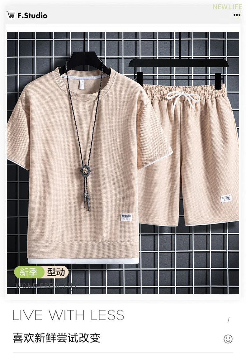 Summer Men's Waffle Sets Casual T-Shirt And Shorts Set Male Sports Suit Solid Color Tracksuit Loose Suits Size