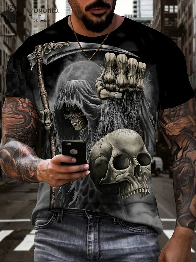 Men's Horror Skull Print T-Shirt 3D Print Vintage O-Neck Short Sleeve Fashion Oversized T-Shirts Men's Summer Street Clothing