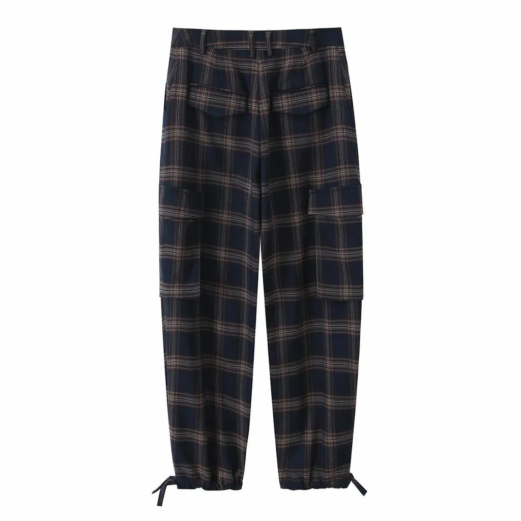 Women New Casual Chic Suit Checkered Hooded Jacket Loose Lantern Workwear Pants Fashion Autumn Winter Suits
