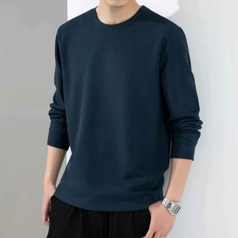 Spring Autumn Waffle t-Shirts For Men Long Sleeve t-Shirt Tops Fashion Soild Tee Shirts Casual Round Neck t Shirt Man Clothes