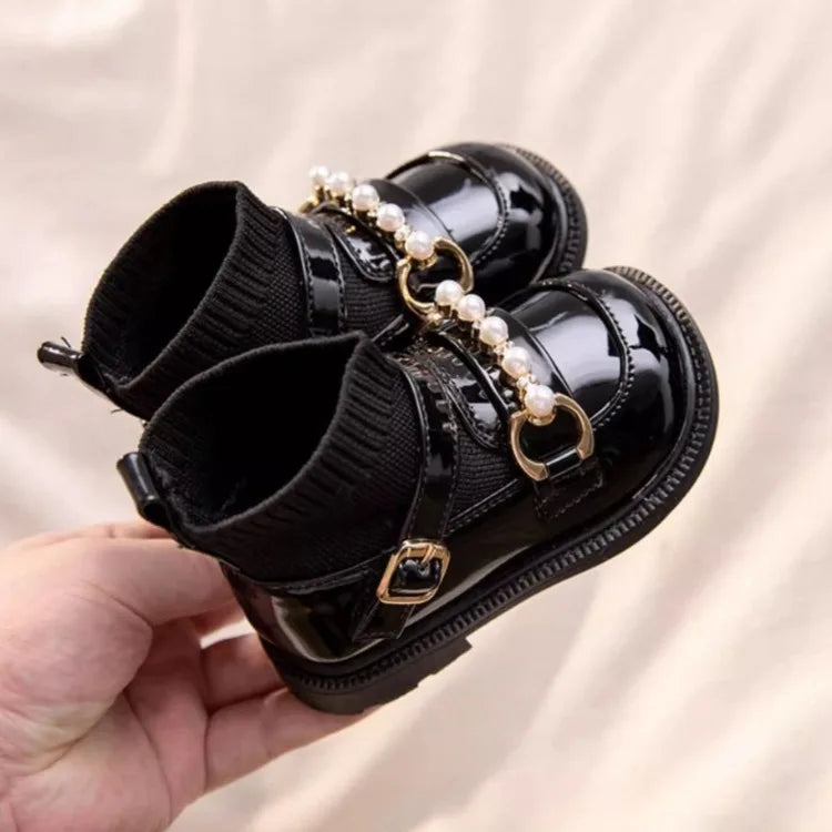 Autumn Winter Girls' Baby Shoes Fleece Lined Short Boots Soft Soled Walking Shoes Princess Leather Shoes for Toddlers