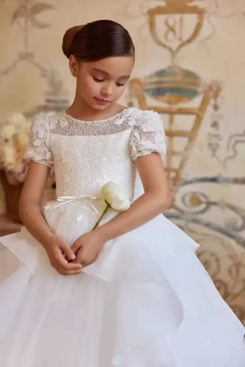 Flower Girl Dresses for Wedding Lace Appliques Bow Pleated Princess Baby Girl Birthday Gowns First Communion Gowns Customized