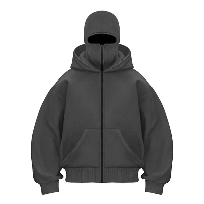 Balaclava Men Zip Hoodie Winter Warm Casual Sweatshirt Y2K with Hooded Face Mask Zipper Design Sports Jacket Outdoor Activities