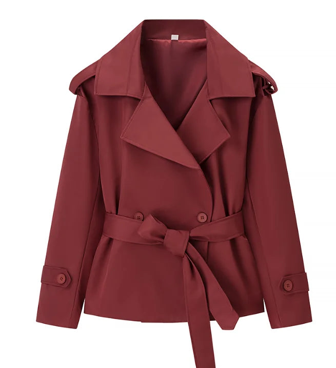 Casual Belt Lace Up Short Trench Coat Women Elegant Full Sleeve V Neck Loose Fashion Jacket Spring Daily High Street Outerwear