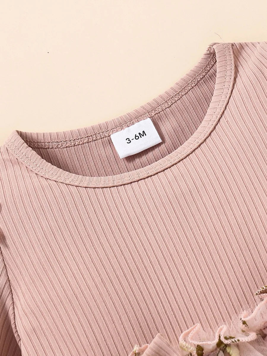 Baby Girl Pink Ribbed Long-Sleeve Bowknot Floral Embroidered Mesh Dress Perfect For Outings And Daily Wear