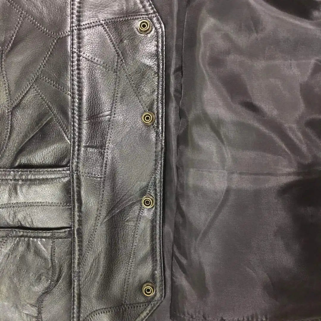 Mens Side Laces Adjustable Black Leather Motorcycle Vest Biker Vests Soft Sheepskin