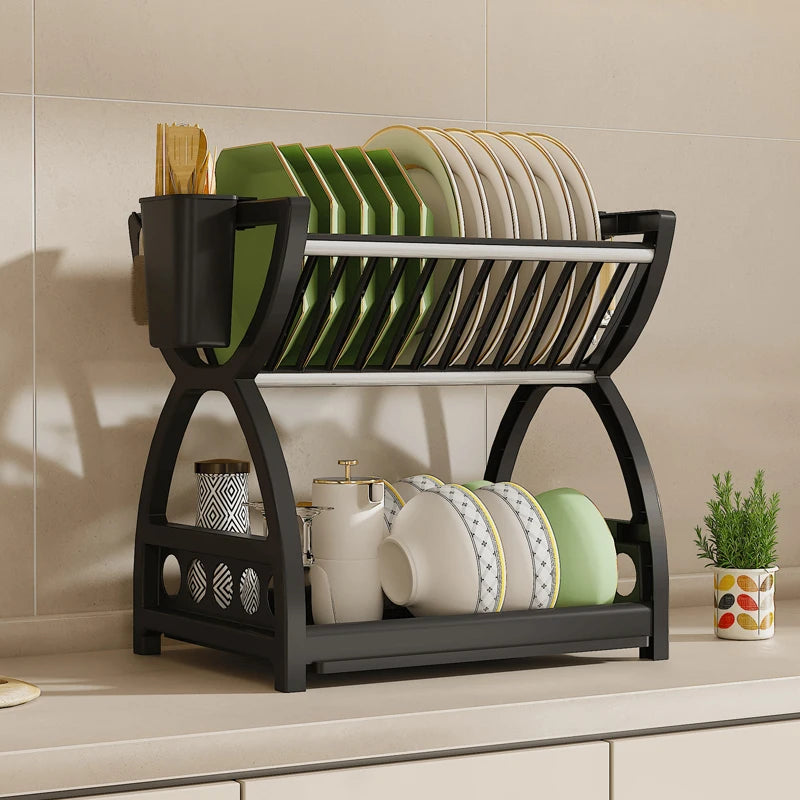 Kitchen Utensil Storage Rack, Desktop Double-Layer Dish Storage Rack, Kitchen Drain Rack That Saves Storage Space