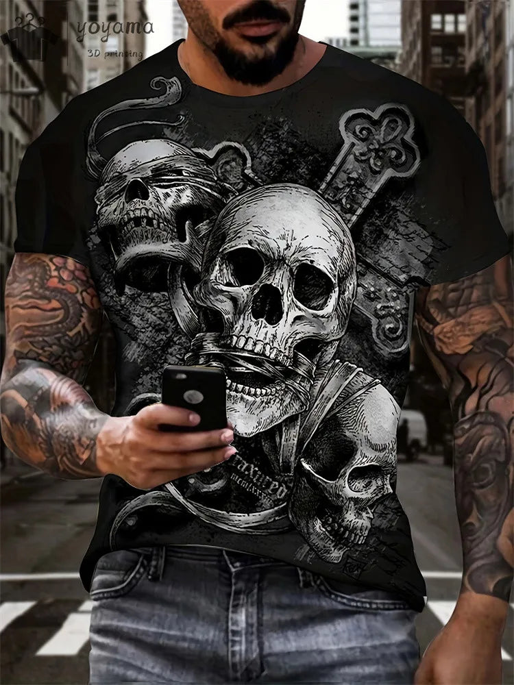 Men's Horror Skull Print T-Shirt 3D Print Vintage O-Neck Short Sleeve Fashion Oversized T-Shirts Men's Summer Street Clothing