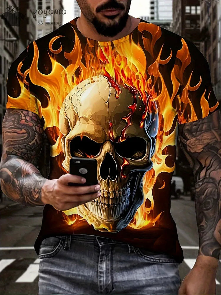 Men's Horror Skull Print T-Shirt 3D Print Vintage O-Neck Short Sleeve Fashion Oversized T-Shirts Men's Summer Street Clothing