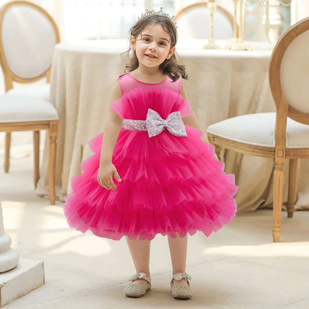 Kids Bow Baby Girls Dress Puffy Tulle Toddler White Baptism Party Dresses For Girl Elegant Kids Birthday Princess Ball Gown