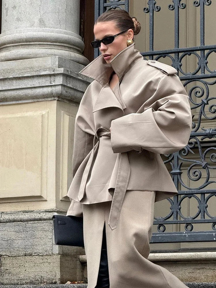 Casual Belt Lace Up Short Trench Coat Women Elegant Full Sleeve V Neck Loose Fashion Jacket Spring Daily High Street Outerwear