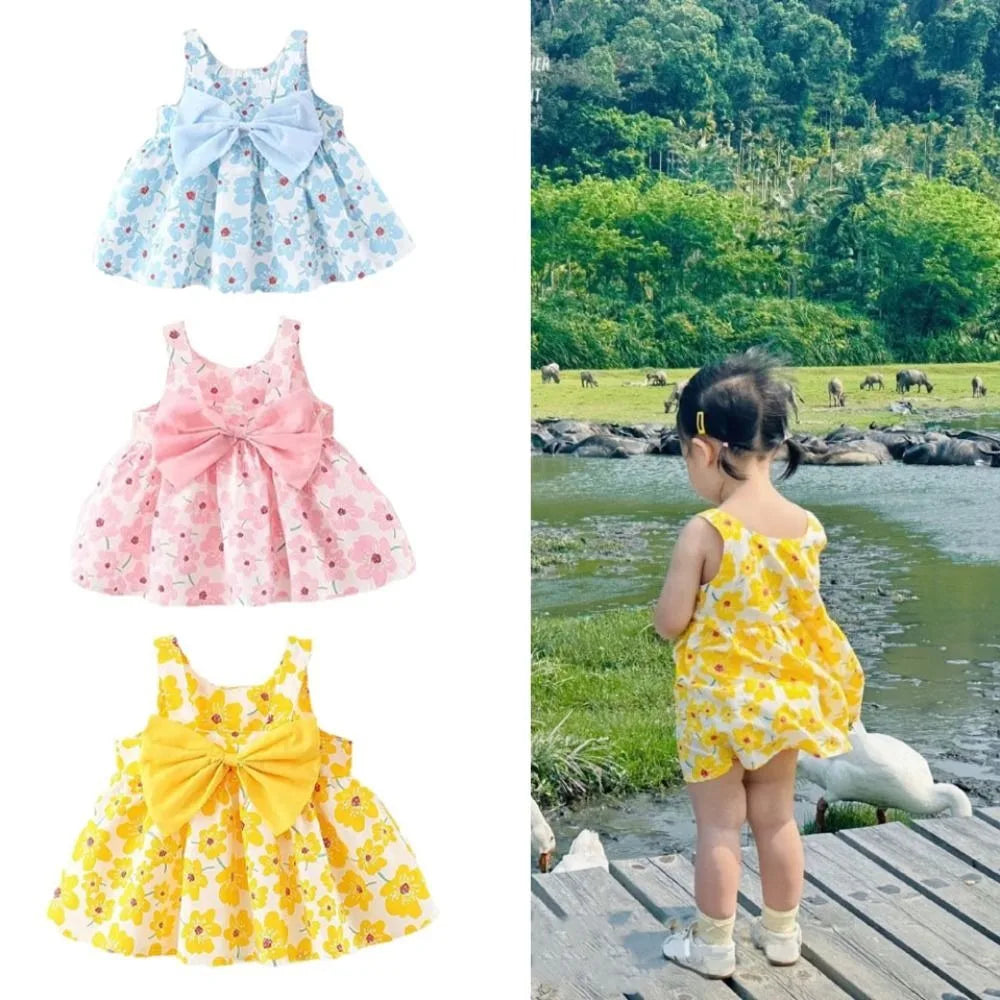 Elegant Bowknot Baby Girl Princess Dress Cotton Summer Floral Dress with Hat Sweet Sleeveless Flower Dress Beach Vacation