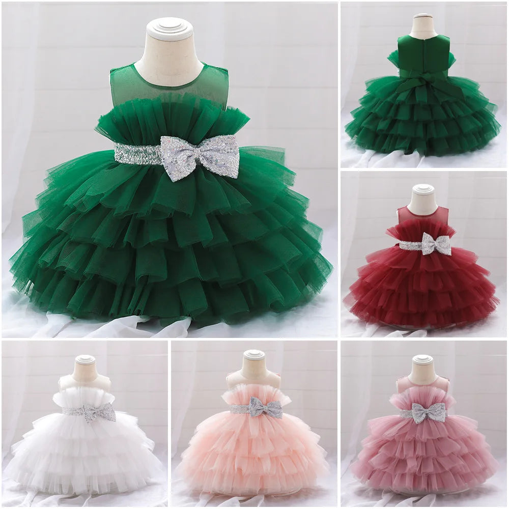 Kids Bow Baby Girls Dress Puffy Tulle Toddler White Baptism Party Dresses For Girl Elegant Kids Birthday Princess Ball Gown
