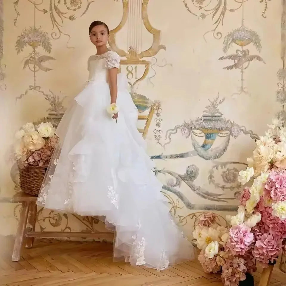 Flower Girl Dresses for Wedding Lace Appliques Bow Pleated Princess Baby Girl Birthday Gowns First Communion Gowns Customized