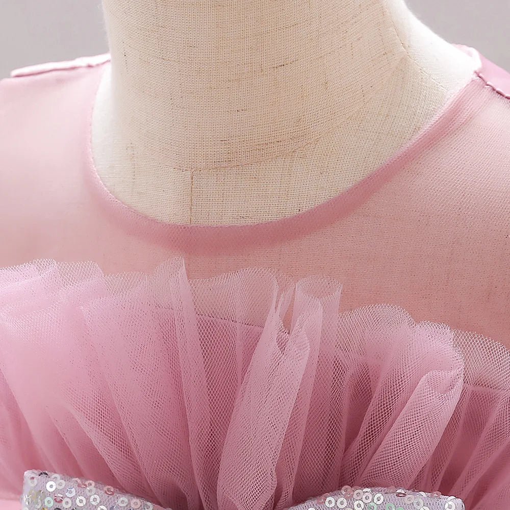 Kids Bow Baby Girls Dress Puffy Tulle Toddler White Baptism Party Dresses For Girl Elegant Kids Birthday Princess Ball Gown