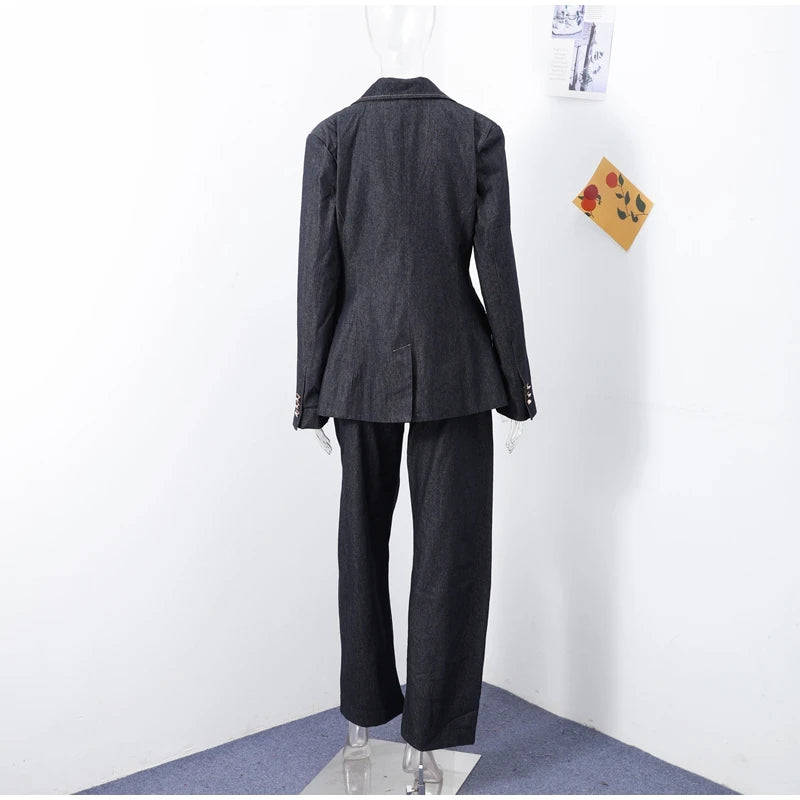 Retro Denim Vest Suit Jacket Pant 3 Piece Sets Women Classic Tube Top Waist-cinching Jackets High Waist Pants Sets Female Outfit