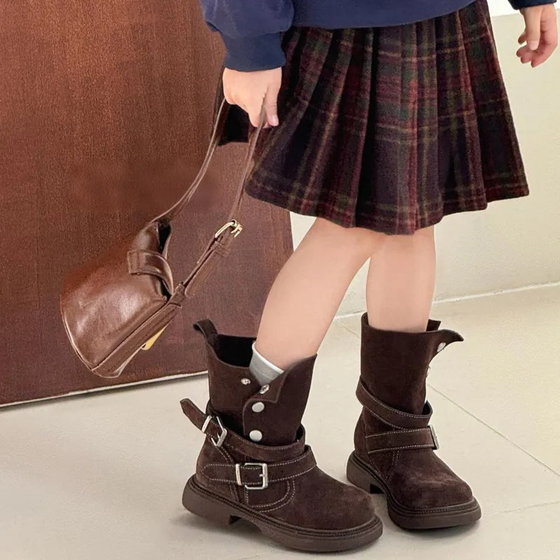 Fashion Baby Girl Retro Solid Short Boots Infant Toddler Child Spring Autumn Winter Mid-calf Platform Shoes Foldable Baby Shoes