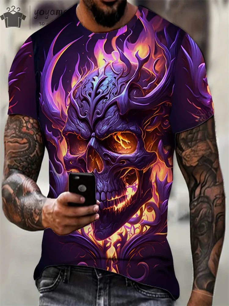 Men's Horror Skull Print T-Shirt 3D Print Vintage O-Neck Short Sleeve Fashion Oversized T-Shirts Men's Summer Street Clothing