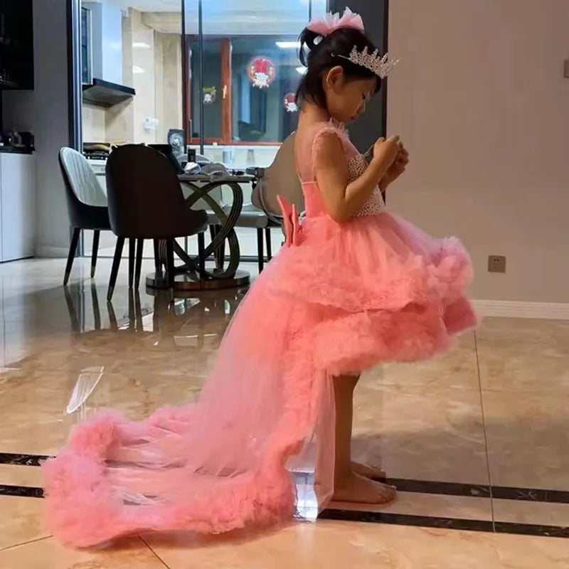 Princess Flower Girl Dress Elegant Baby Pink Pearls Tulle Puffy Baby Kids Wedding Birthday Ball Gowns Piano Performance Dress