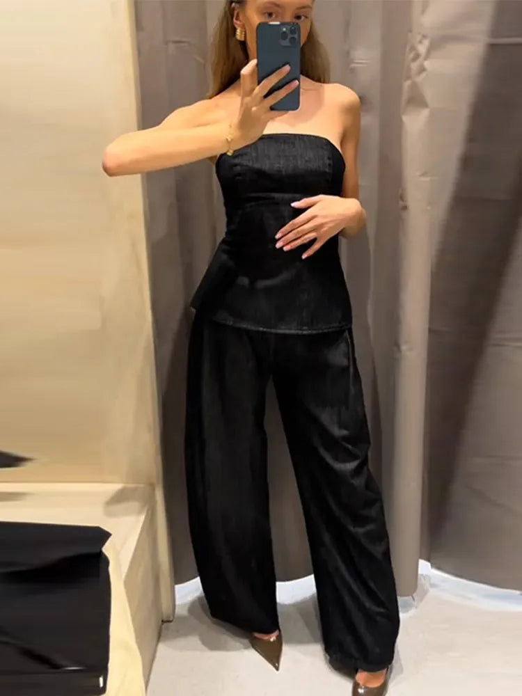 Retro Denim Vest Suit Jacket Pant 3 Piece Sets Women Classic Tube Top Waist-cinching Jackets High Waist Pants Sets Female Outfit
