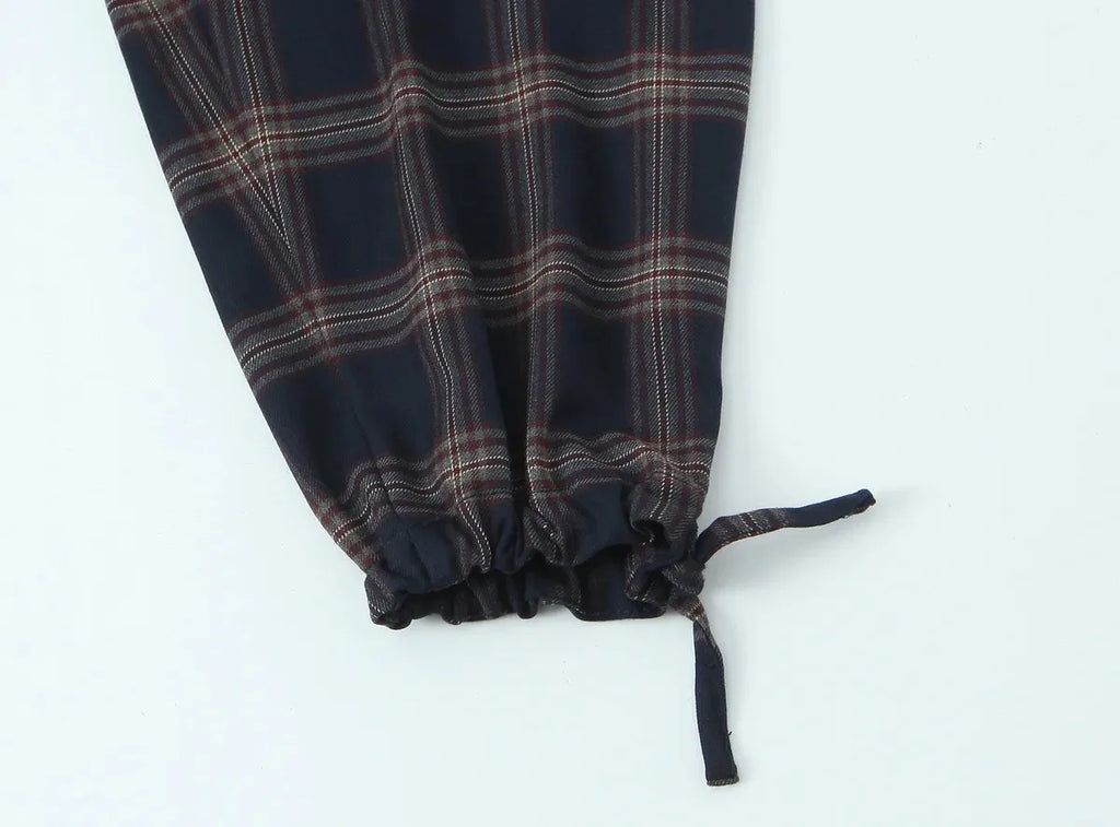 Women New Casual Chic Suit Checkered Hooded Jacket Loose Lantern Workwear Pants Fashion Autumn Winter Suits