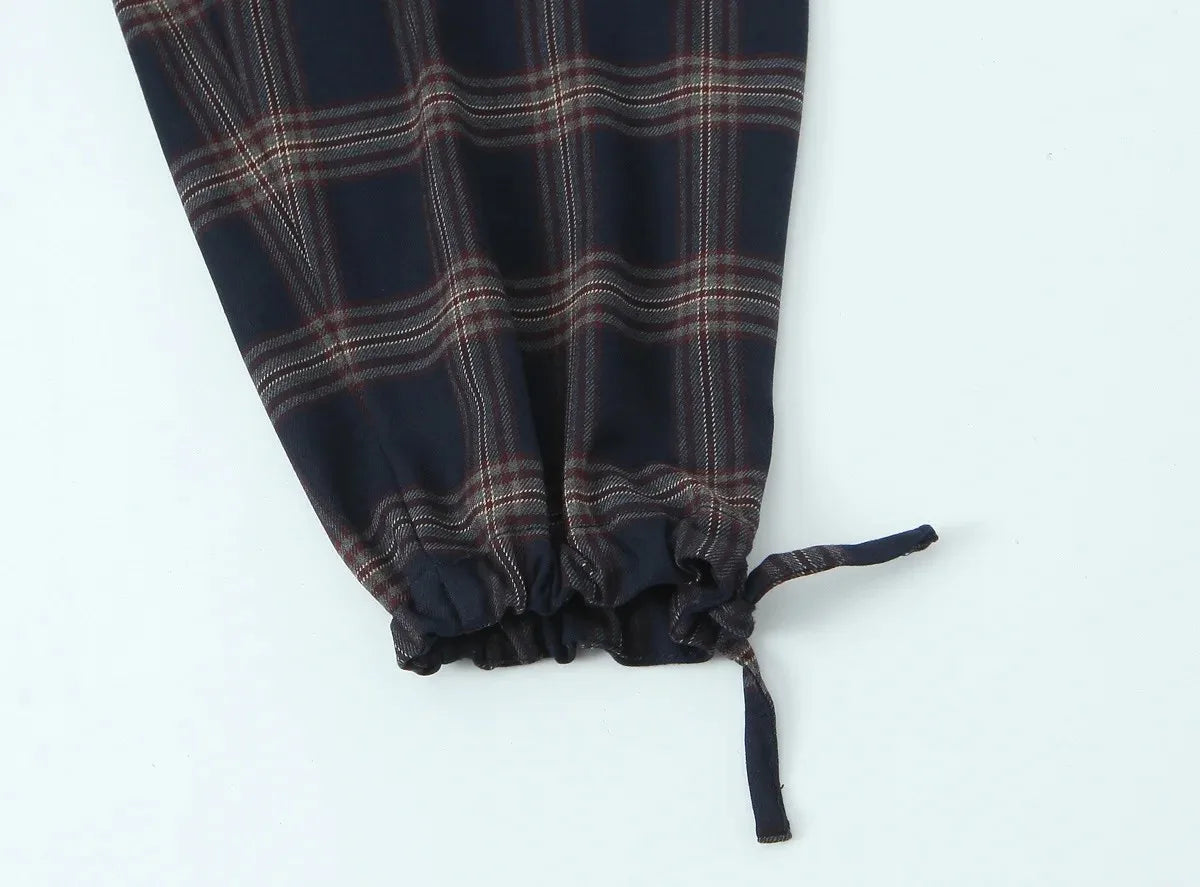 Women New Casual Chic Suit Checkered Hooded Jacket Loose Lantern Workwear Pants Fashion Autumn Winter Suits