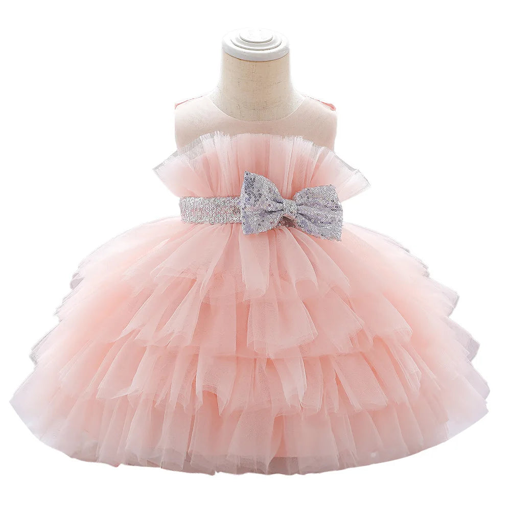 Kids Bow Baby Girls Dress Puffy Tulle Toddler White Baptism Party Dresses For Girl Elegant Kids Birthday Princess Ball Gown