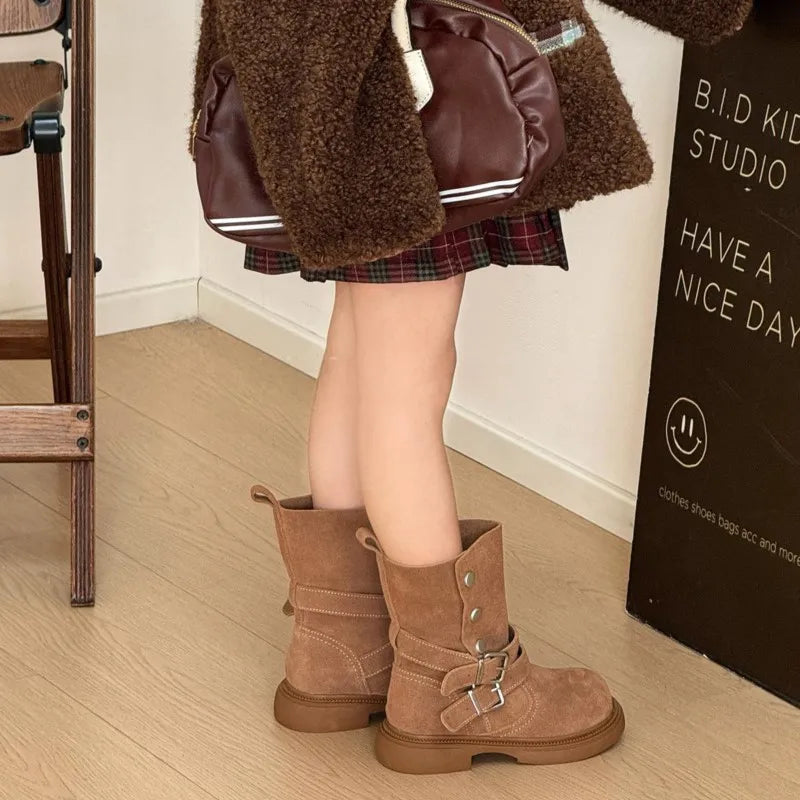 Fashion Baby Girl Retro Solid Short Boots Infant Toddler Child Spring Autumn Winter Mid-calf Platform Shoes Foldable Baby Shoes