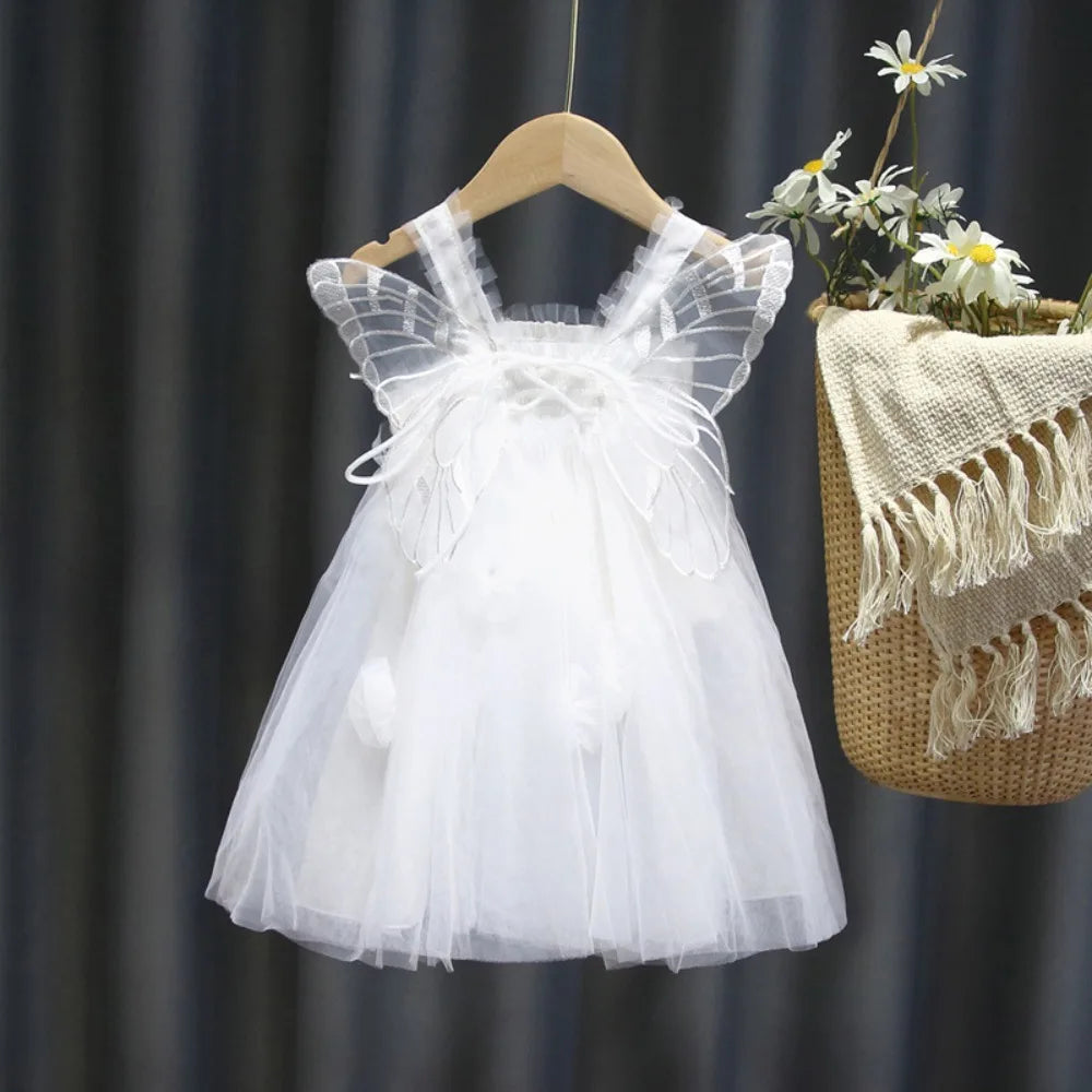 Fashion Lace-up Baby Girl Princess Dress Sleeveless Lace Baby Girl Bubble Dress Sweet Casual Butterfly Wing Pettiskirt Kids