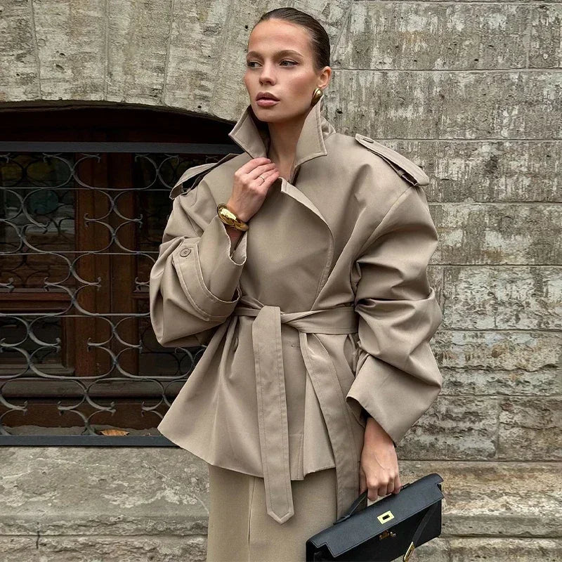 Casual Belt Lace Up Short Trench Coat Women Elegant Full Sleeve V Neck Loose Fashion Jacket Spring Daily High Street Outerwear
