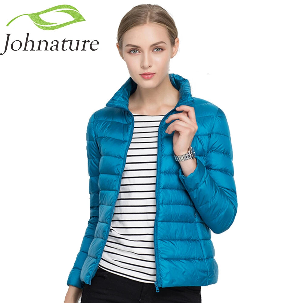 Johnature 2025 New Women Coat Autumn Winter White Duck Down Jacket Solid Colors Warm Slim Zipper Fashion Light Down Coat