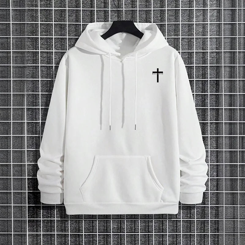 Mens Urban Hoodie 2025 High Quality Solid Color Long Sleeve Sweatshirt Casual Sporty Hooded Outerwear Jesus Cross Print Pullover