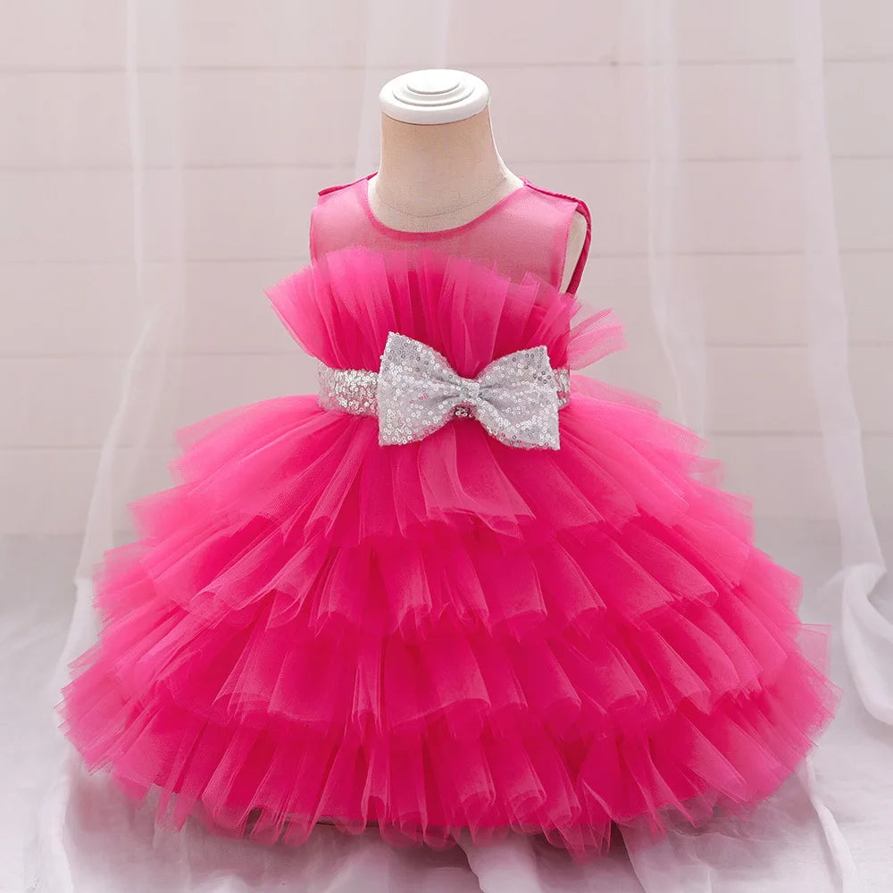 Kids Bow Baby Girls Dress Puffy Tulle Toddler White Baptism Party Dresses For Girl Elegant Kids Birthday Princess Ball Gown