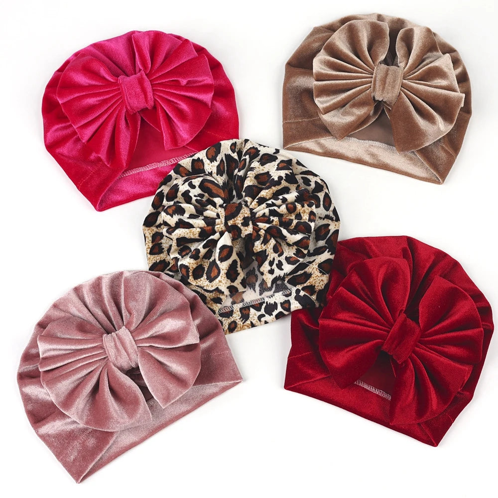 Baby Girls Big Bow Knot Velvet Hat Newborn Infant Turban Caps Children Leopard Beanies Photo Props Gifts Hair Accessories