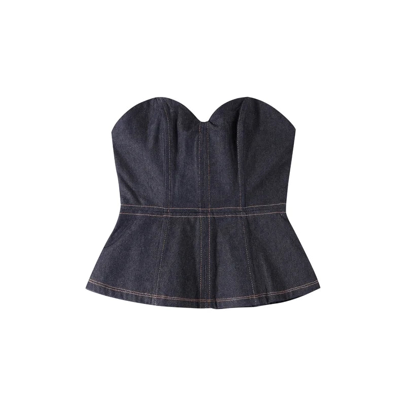 Retro Denim Vest Suit Jacket Pant 3 Piece Sets Women Classic Tube Top Waist-cinching Jackets High Waist Pants Sets Female Outfit