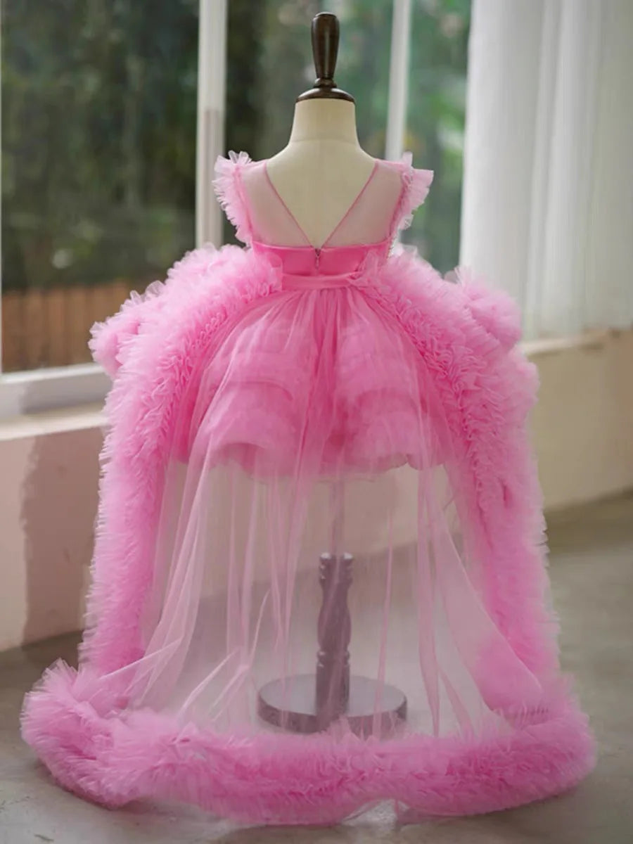 Princess Flower Girl Dress Elegant Baby Pink Pearls Tulle Puffy Baby Kids Wedding Birthday Ball Gowns Piano Performance Dress