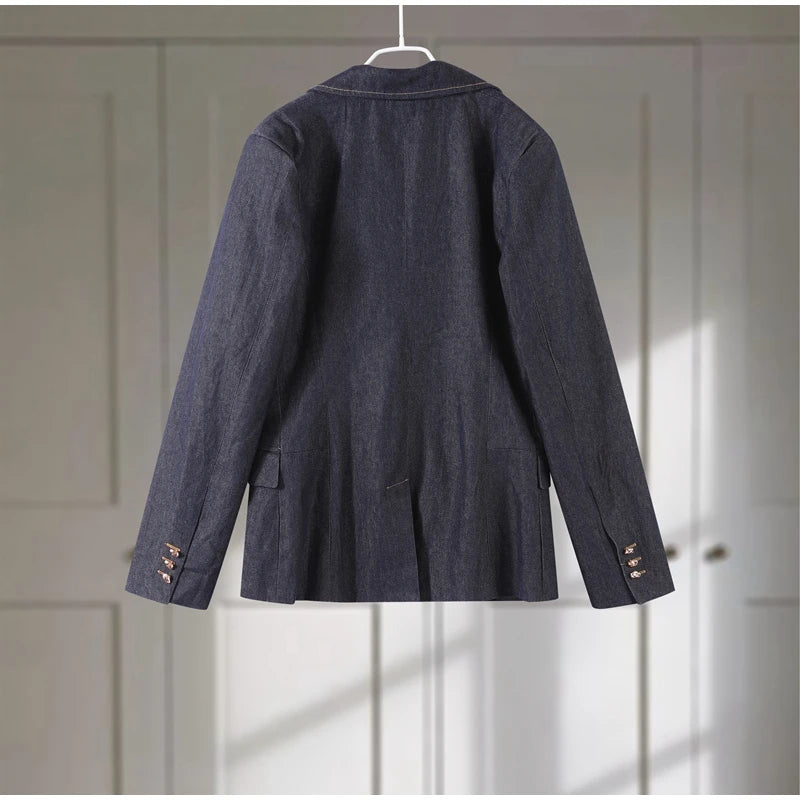 Retro Denim Vest Suit Jacket Pant 3 Piece Sets Women Classic Tube Top Waist-cinching Jackets High Waist Pants Sets Female Outfit