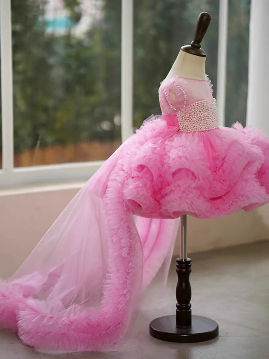 Princess Flower Girl Dress Elegant Baby Pink Pearls Tulle Puffy Baby Kids Wedding Birthday Ball Gowns Piano Performance Dress