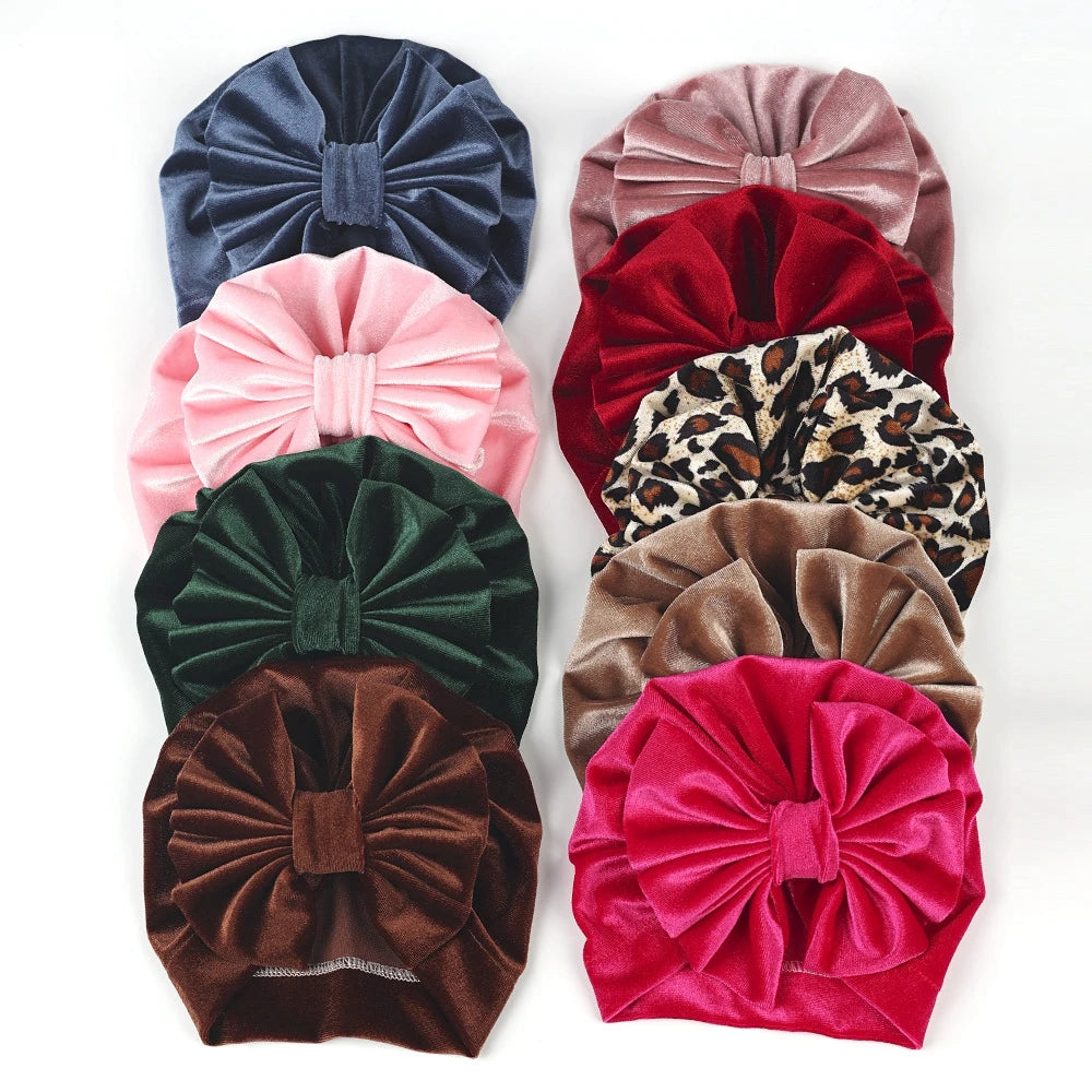 Baby Girls Big Bow Knot Velvet Hat Newborn Infant Turban Caps Children Leopard Beanies Photo Props Gifts Hair Accessories