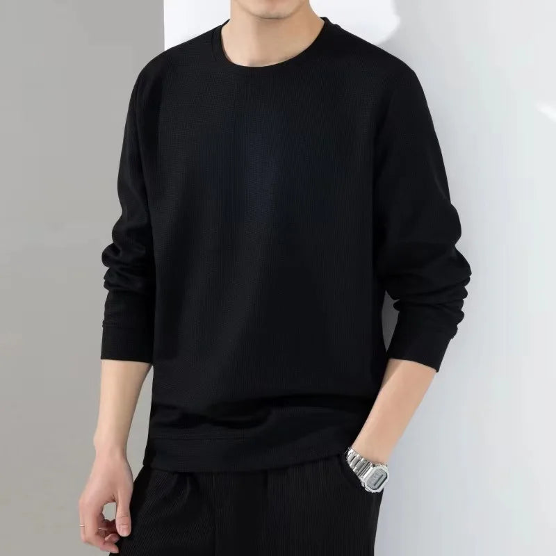 Spring Autumn Waffle t-Shirts For Men Long Sleeve t-Shirt Tops Fashion Soild Tee Shirts Casual Round Neck t Shirt Man Clothes