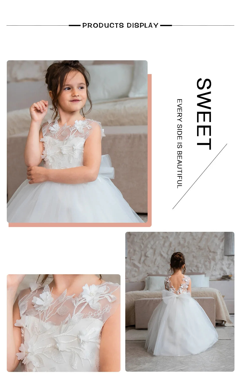 Lace Applique Tulle Flower Girl Dress for Wedding Sleeveless Long Bow Knot V-Back Elegant Formal Dresses