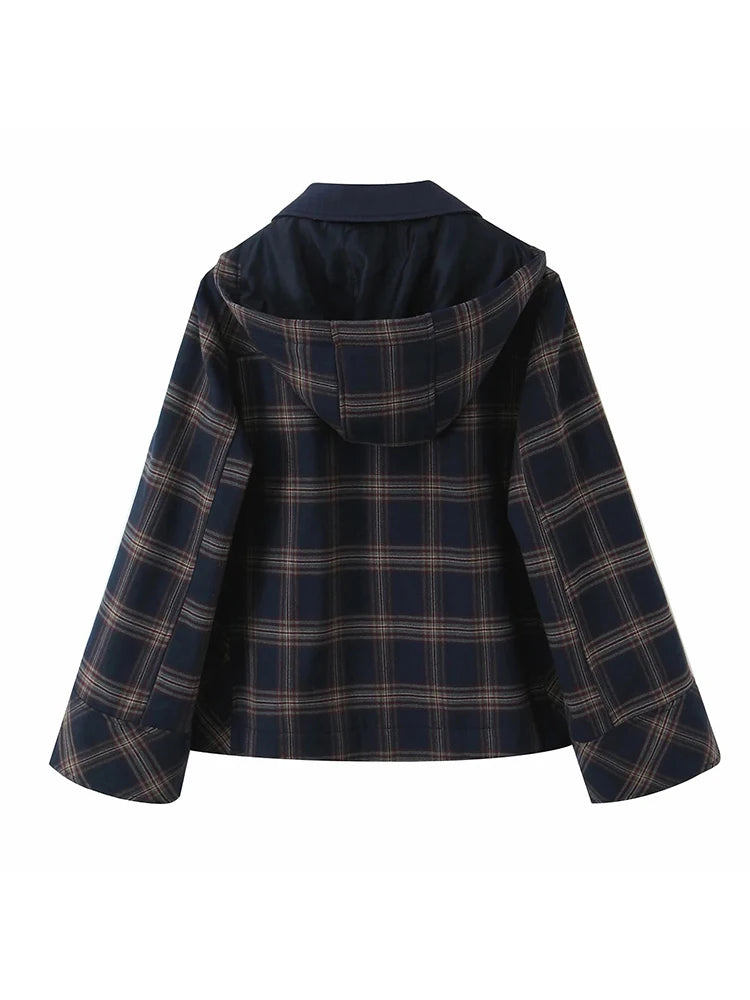 Women New Casual Chic Suit Checkered Hooded Jacket Loose Lantern Workwear Pants Fashion Autumn Winter Suits