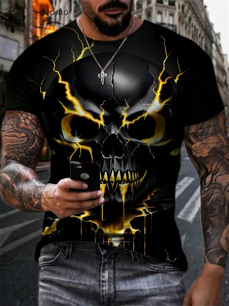 Men's Horror Skull Print T-Shirt 3D Print Vintage O-Neck Short Sleeve Fashion Oversized T-Shirts Men's Summer Street Clothing
